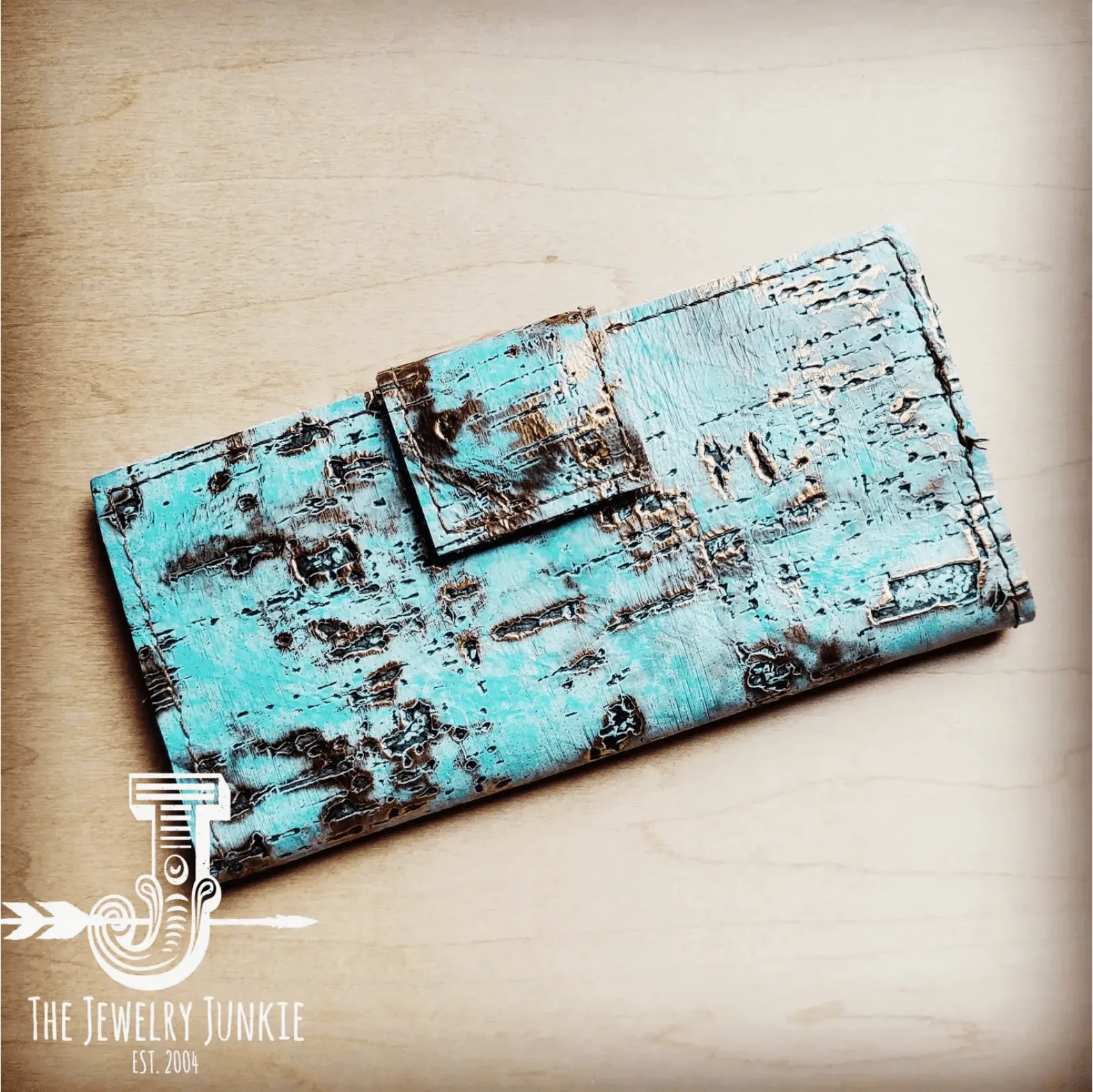 The Jewelry Junkie Embossed Leather Wallet in Turquoise Metallic w/ Snap 302e