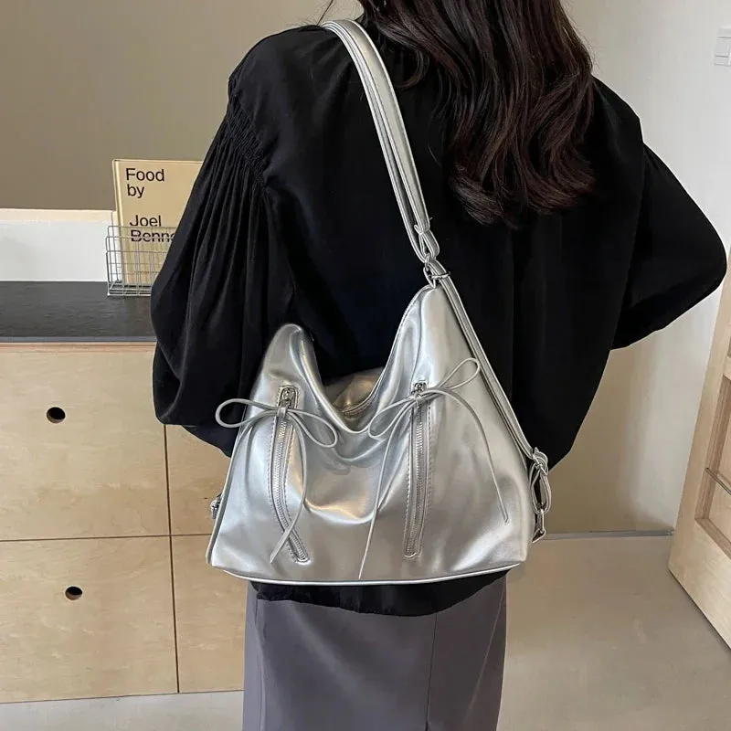 VAIGE Silver Small Bow PU Leather Shoulder Bag with Zipper Closure and Flap Pocket, Soft Baguette Shape, Versatile Crossbody Design