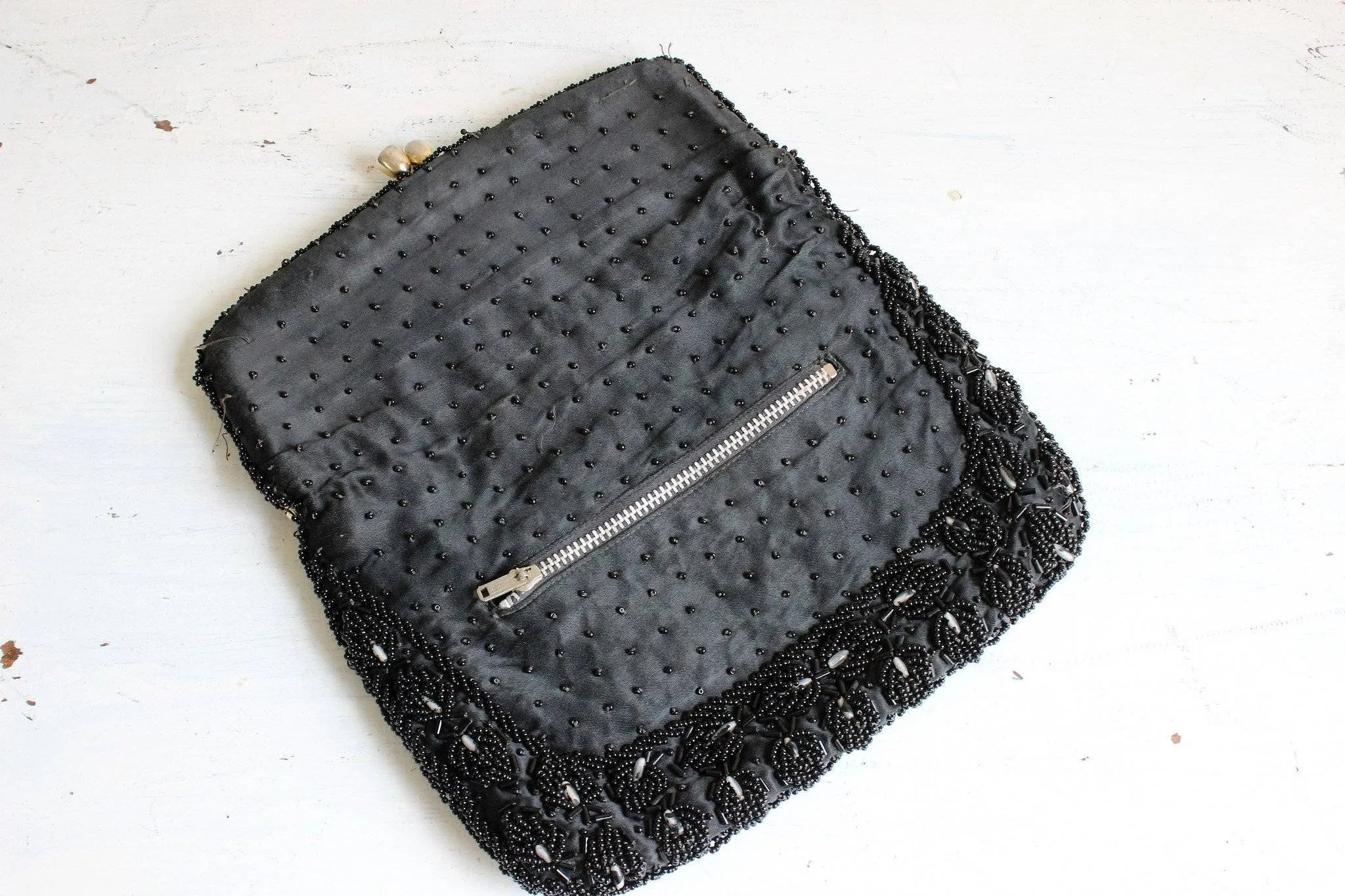 Vintage 1950s Black Beaded Clutch Purse Evening Bag Made In Hong Kong