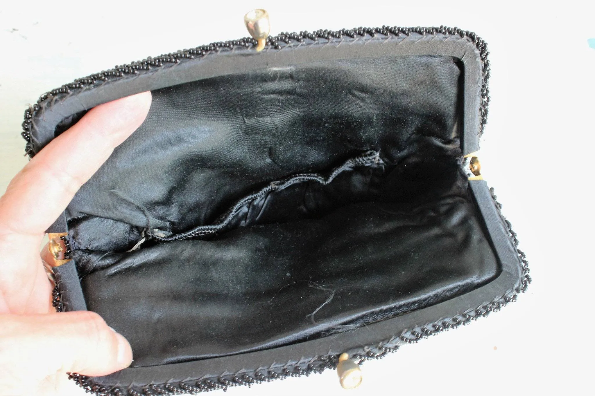 Vintage 1950s Black Beaded Clutch Purse Evening Bag Made In Hong Kong