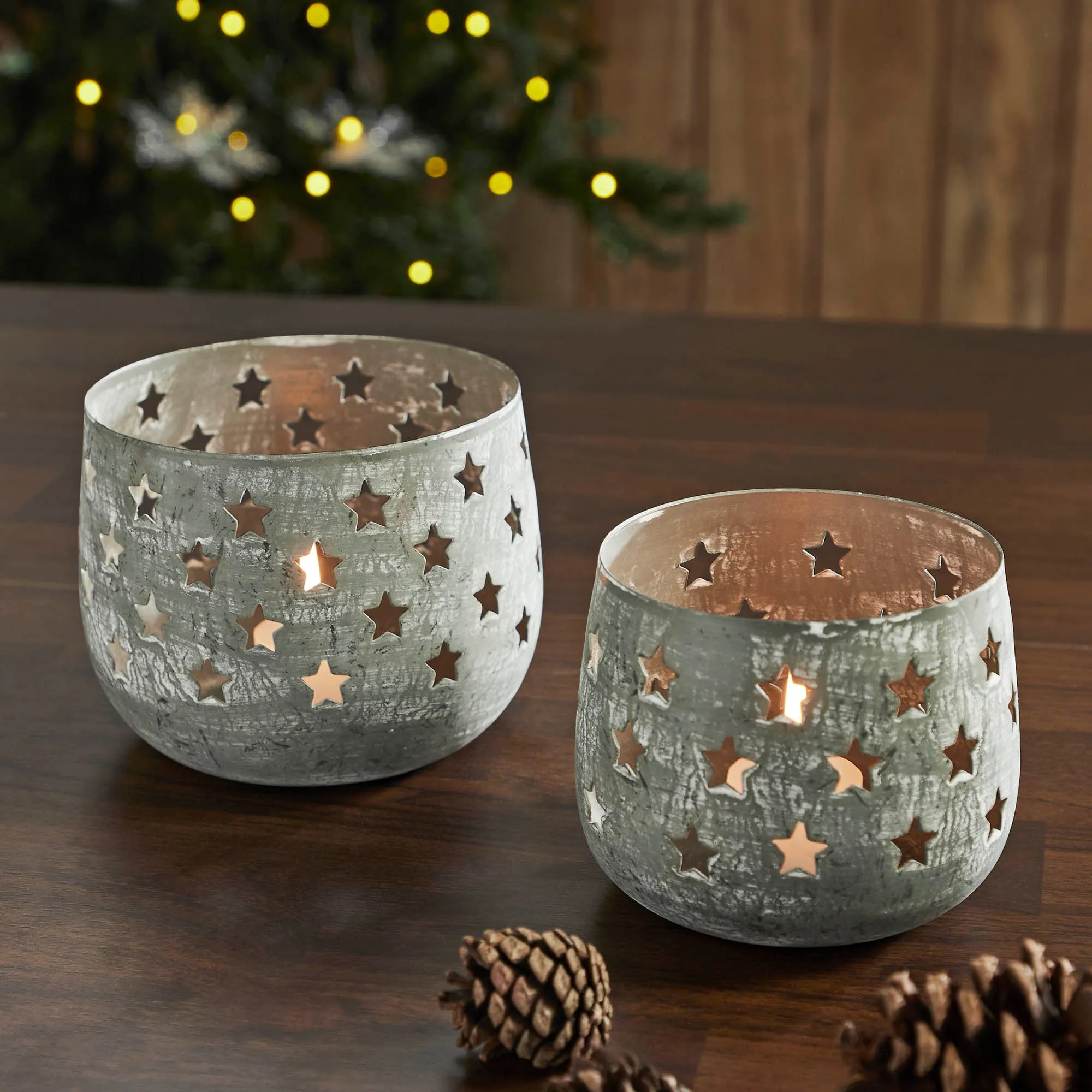 Votive Candle Holder Stars Antique Grey Set of 2