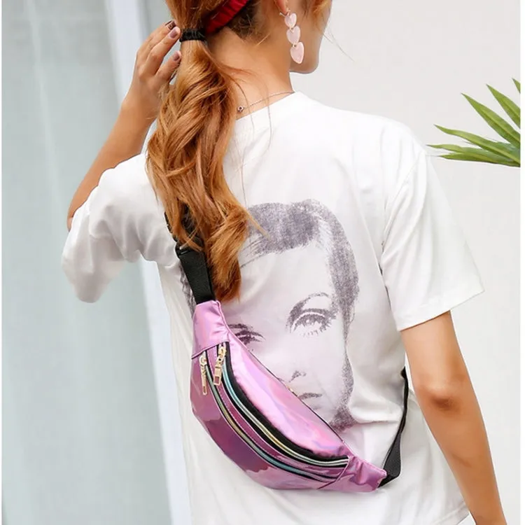 Women Punk Laser Glossy PU Double Zipper Chest Bag Casual Waist Bag(White)