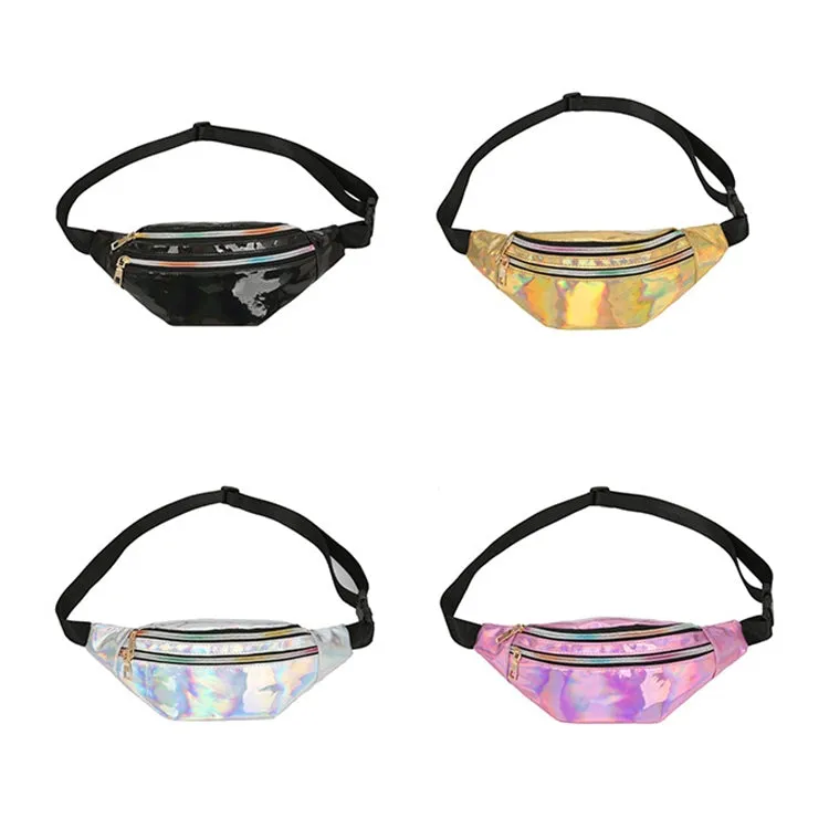 Women Punk Laser Glossy PU Double Zipper Chest Bag Casual Waist Bag(White)