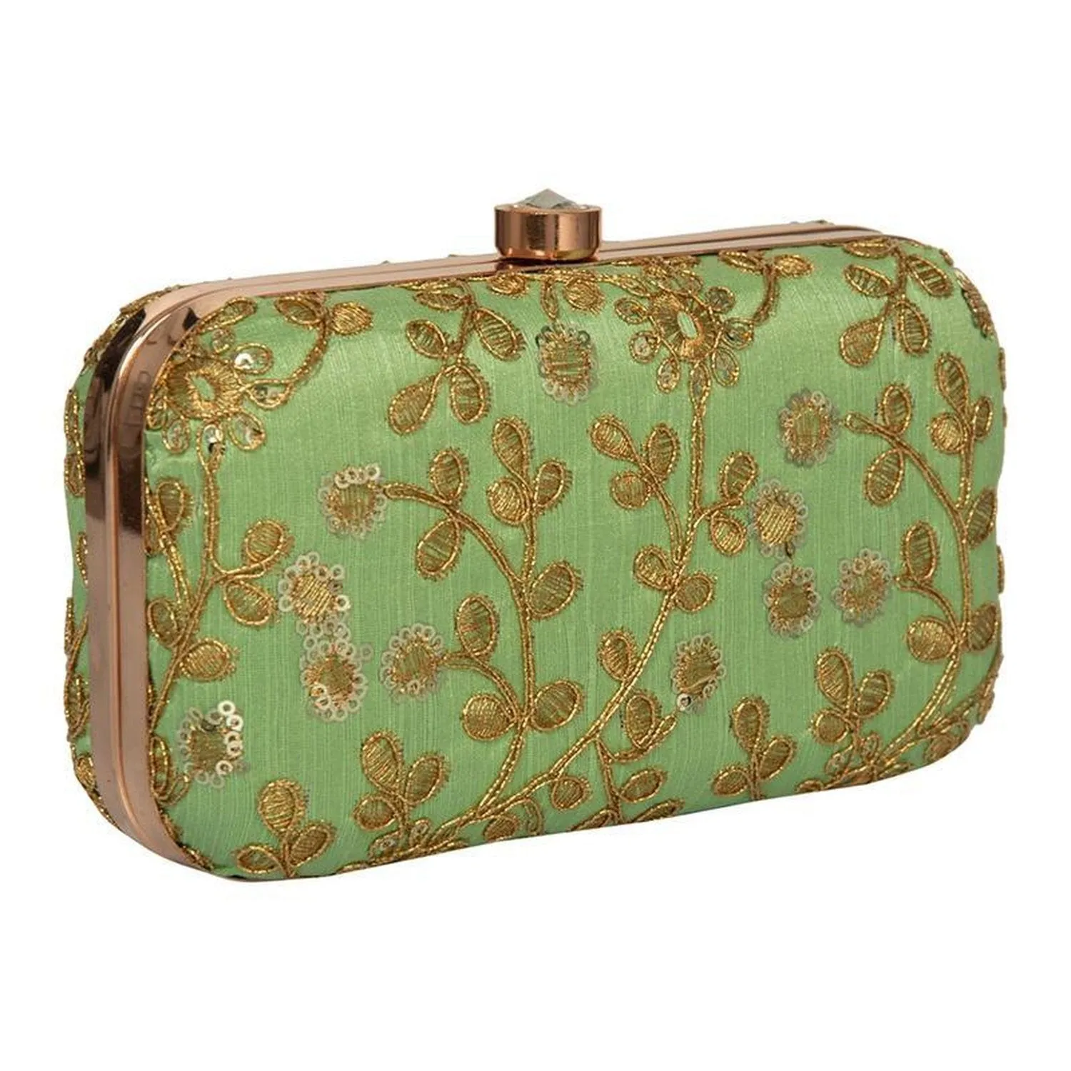 Women's Green Colored Handcrafted Partywear Embroidered Clutch