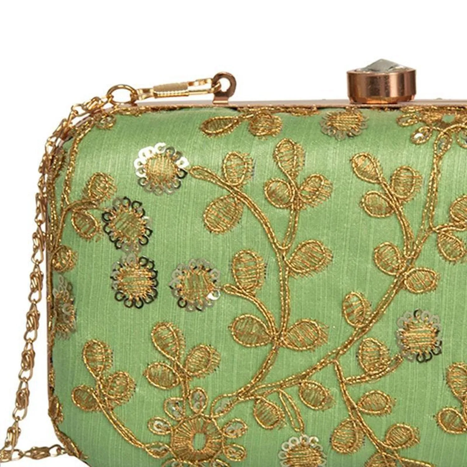 Women's Green Colored Handcrafted Partywear Embroidered Clutch