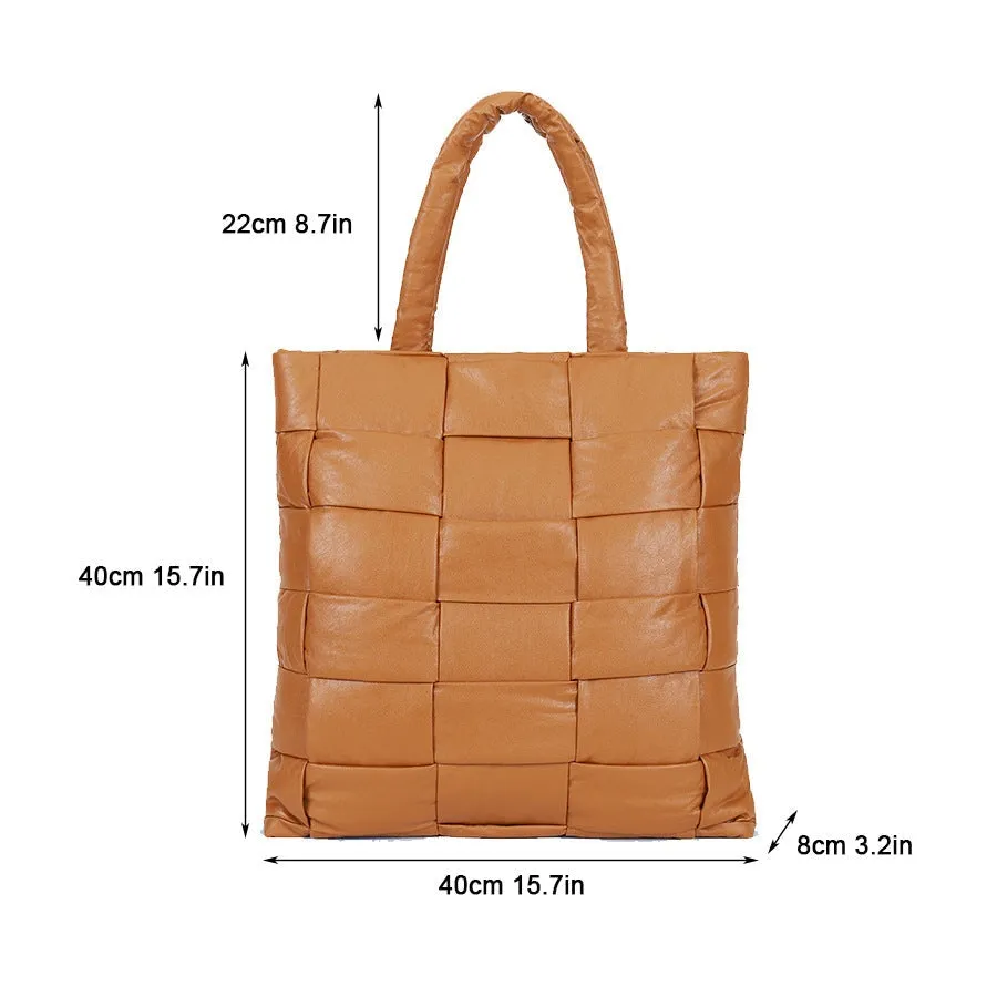 Womens PU Leather Woven Tote Bag Large Capacity Padded Quilted Shoulder Shopper Bag