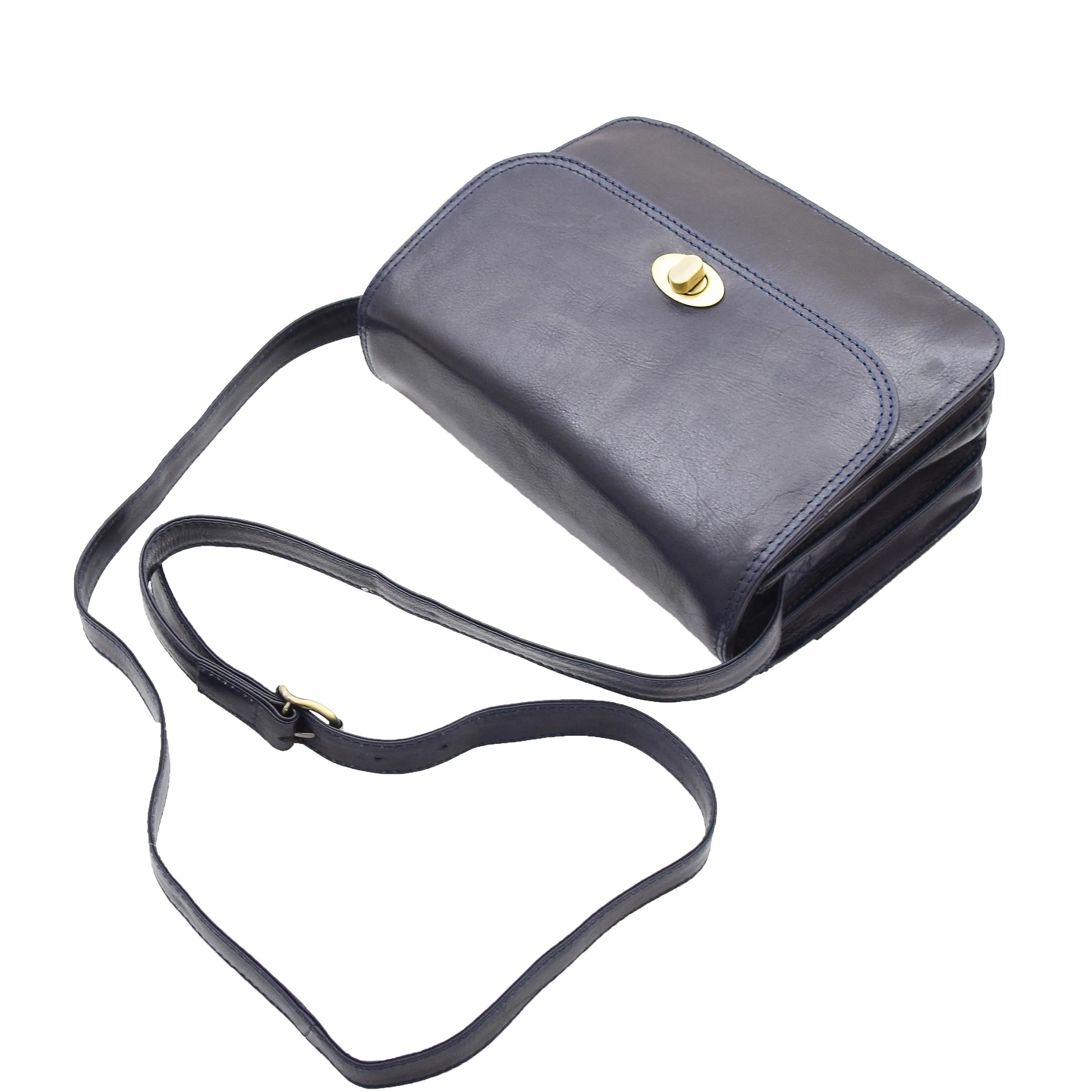 Womens Real Leather Crossbody Bag Messenger Triple Gussets Organiser Nicole Navy