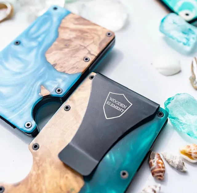 Wood and Resin Smart Wallet (Cyan)