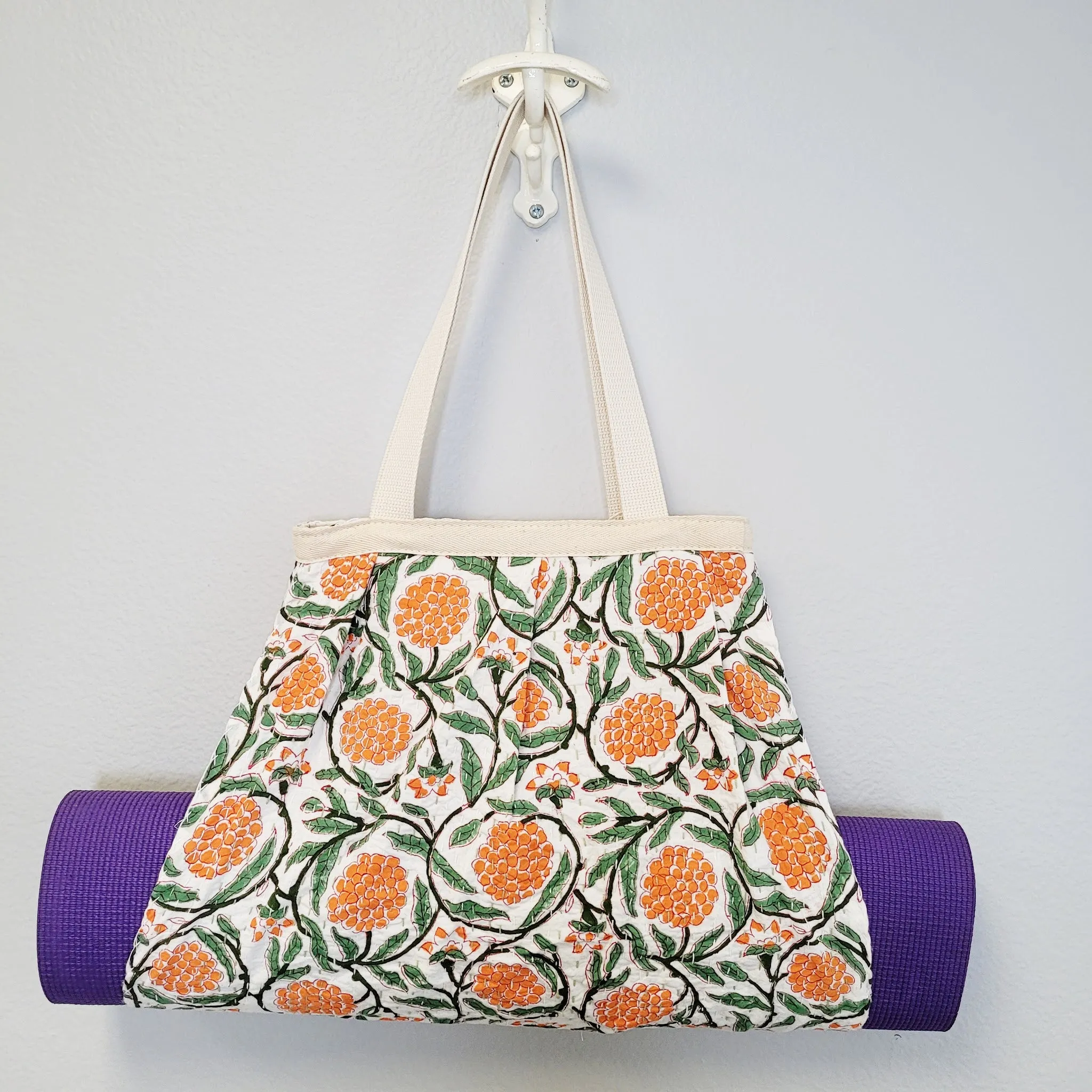 Yoga Mat Bag | Kantha Quilt Design | Orange Flowers on White