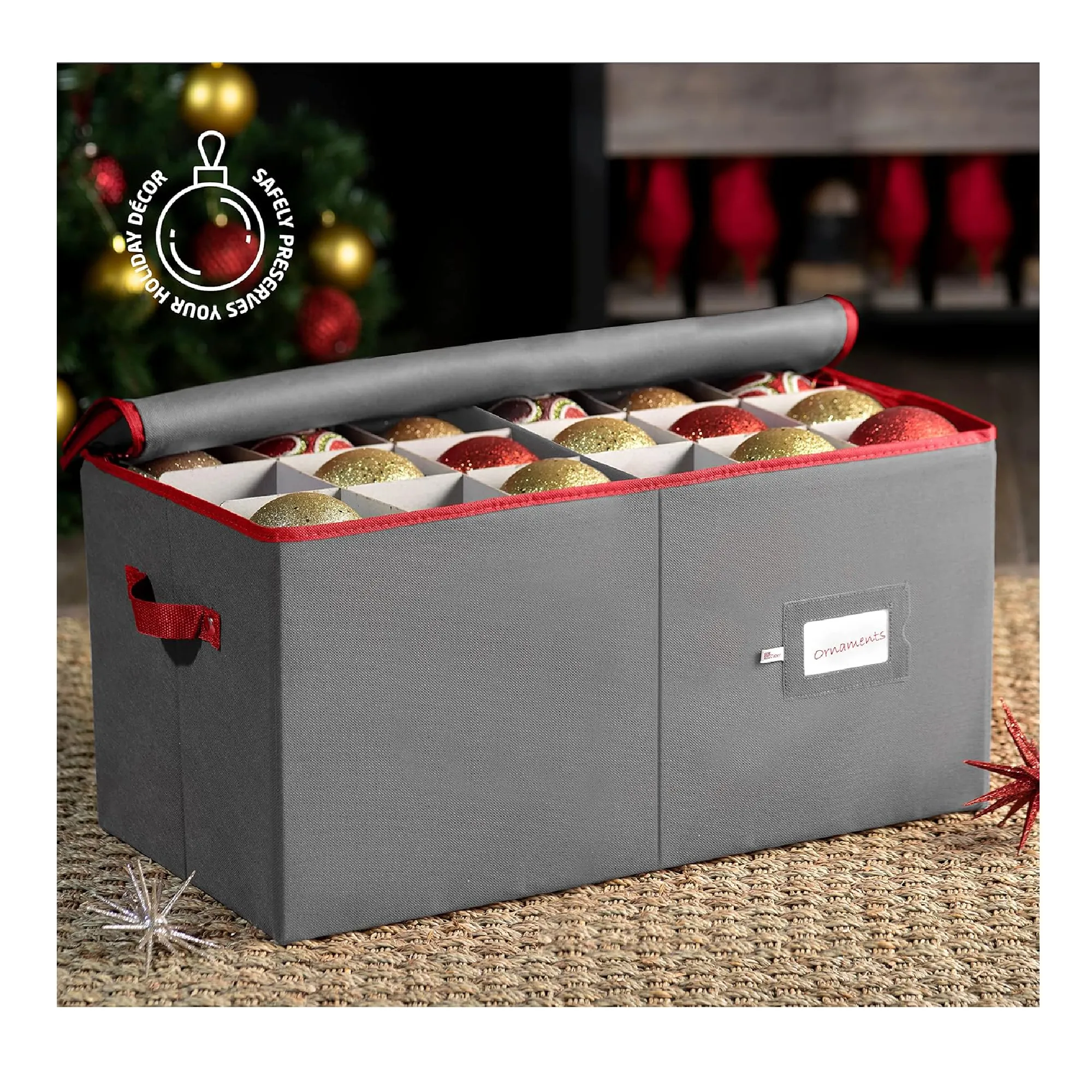 ZOBER Large Christmas Ornament Storage Box - Stores 54 Ornaments W/Dividers - Non-Woven, Durable Christmas Storage Containers - Dual Zipper - Gray