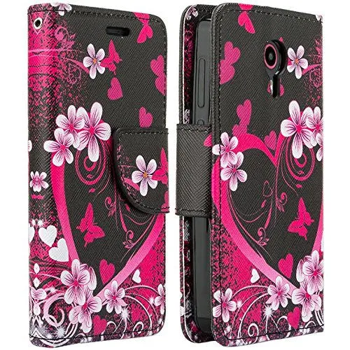 ZTE Prestige Case | ZTE Sonata 3 | ZTE Avid Plus | ZTE Avid Trio Pu Leather Magnetic Flip Fold[Kickstand] Wrist Strap Wallet Case with ID & Card Slots for ZTE Prestige/Sonata3/Avid/Avid Plus - Heart Butterflies