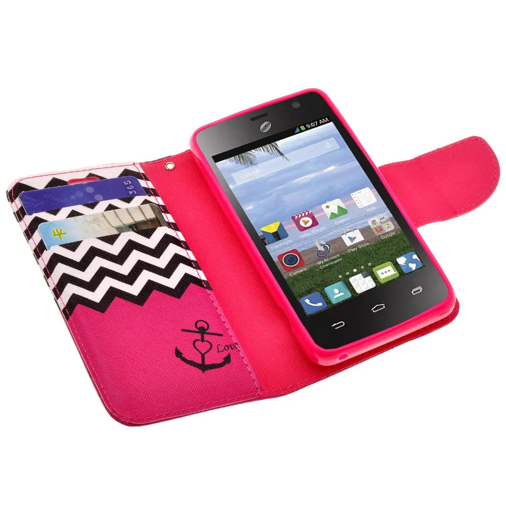 ZTE Zephyr Case, Wrist Strap Magnetic Fold[Kickstand] Pu Leather Wallet Case with ID & Credit Card Slots for ZTE Zephyr - Hot Pink Anchor